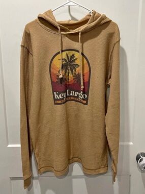 League Tan Hooded Waffle-Knit Sweater with Retro Sunset Graphic